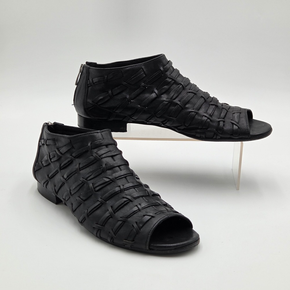 Ron White Womens 41 US 10 April Ribbon Weave Leather Peep Toe Sandals Black